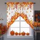 Thanksgiving Swag Curtain Valances,Pumpkin Autumn Leaves Rod Pocket Window Swag Topper Curtains,Fall Harvest Short Tier Valance for Kitchen Bedroom Bathroom Decor,2 Panel 36"x36" (Orange Red)