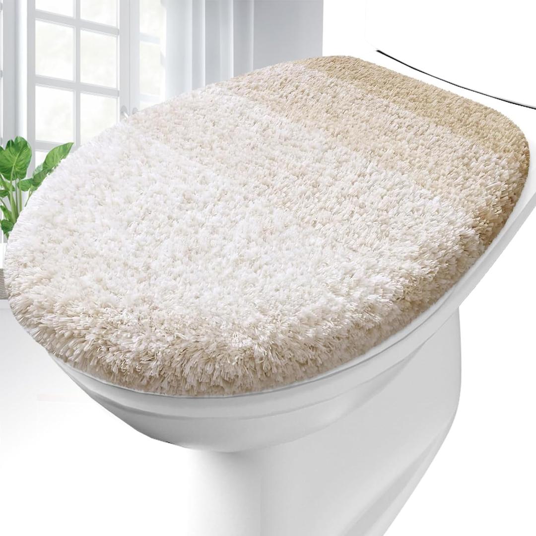 OLANLY Soft Microfiber Bathroom Toilet Lid Cover, Machine Washable Covers, 17.5x15, Stays in Place Rubber Backing, Fits Most Round, Elongated and Oblong Lids, Accessories Decor, Beige