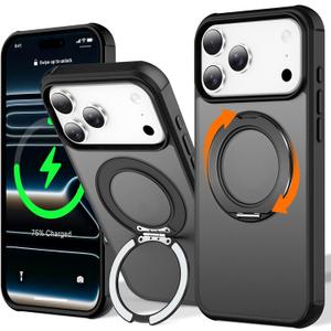 UMIONE 360 Rotatable Magnetic Ring Design for iPhone 17 Pro, Built-in Invisible Loop Stand, Compatible with Magsafe, Translucent Ultra Slim Military Grade Shockproof Case - Black