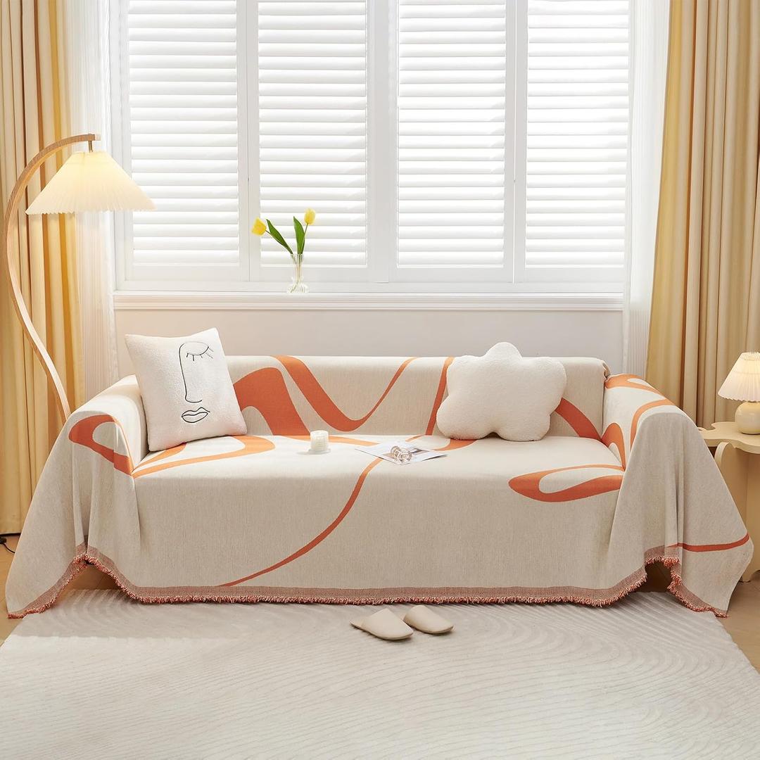 VClife Stripe Couch Cover Thick Pet-Friendly Chenille Sofa Cover for Sectional Couch, Minimalism Chic Style White Cream Caramel Geometric Furniture Protector Cover Couch Cover for 2 Cushion Couch Sofa (Large (71*118inch))