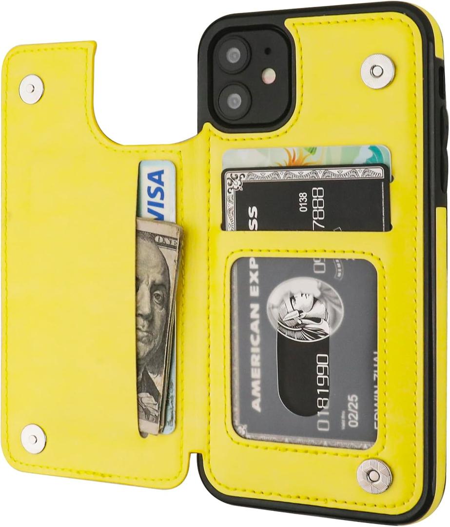for iPhone 11 Wallet Case with Card Holder,OT ONETOP PU Leather Kickstand Card Slots Case,Double Magnetic Clasp and Durable Shockproof Cover for iPhone 11 6.1 Inch(Yellow)