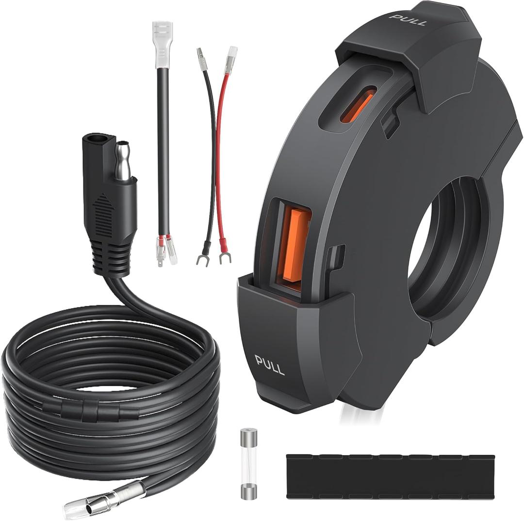 KAEDEAR Motorcycle USB Clamp, Water Resistant, Fast-Charging, Type A, Type C, PD(30W)+QC3.0(18W), SAE DC 12V, KDR-M3D