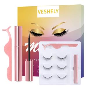 Natural Magnetic Eyelashes with Eyeliner,3 Pairs Natural Look False Lashes Kit,3D Short Magnetic Eyelash Set - No Glue Needed