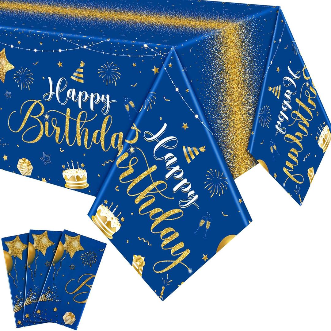 Tudomro 3 Pcs Happy Birthday Tablecloths Happy Birthday Party Decorations Plastic Table Cover Rectangular Cloths for Women Men Baby Shower Party Supplies, 108 x 54 Inch (Blue Gold)