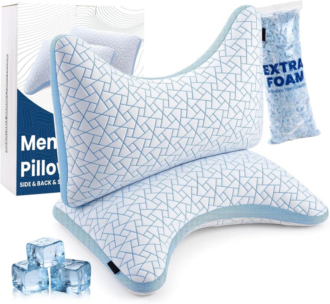 A-Pce Adjustable Pillow, Queen Size Set of 2 Bed Pillows for Sleeping, Luxury Shredded Memory Foam Pillows, Cooling Pillow for Side, Back, Stomach Sleepers, Firm Pillow for Hot Sleepers Neck Support