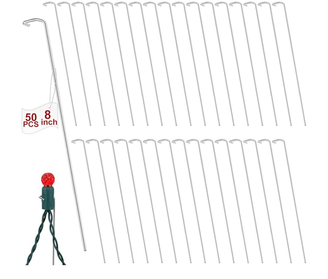 Hicarer 50 Pack Christmas Light Stakes 8 Inch Metal Lawn Ground Stakes for Yard LED String Lights for Outdoor Garden Lawn Pathway Patio Walkway Decorations