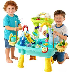 2027 Upgraded Toddler Sand Water Table Toy with Electric Water Pump, Kids Sand Water with Faucet/Play Food Accessories/Fishing Toy, Kitchen Play Sink Toys for Girl Boy Age 3+ (Blue)