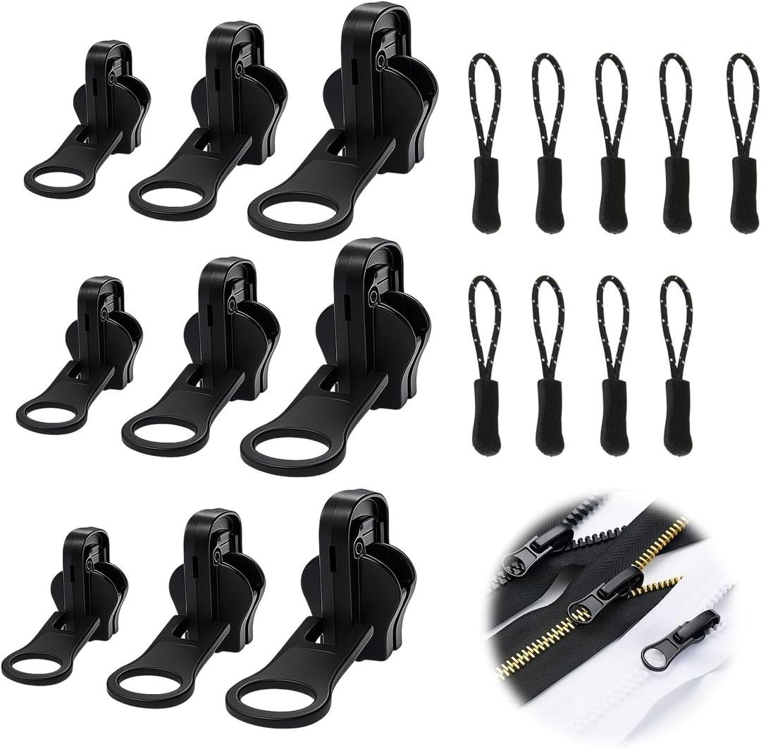Zipper Replacement Kit Universal Double-Sided Zipper Slider Repair Kit 9 Pack 3 Different Size Black Zippers Fix Repair Kit for Jackets, Backpack, Coats, Tents, Luggage, Bags