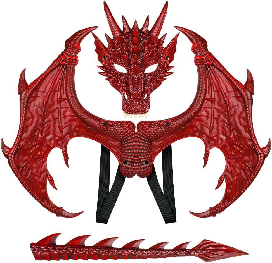 Dragon Costume Kids Dinosaur Wings Tail Mask Set Boys Girls Children Dress Up Dino Props for Halloween Cosplay (Red)