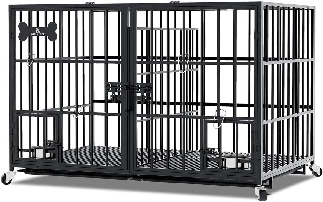 aboxoo 42/48 inch Heavy Duty Metal Dog Crate for 2 Dogs/Large Dog,All Metal Open Top Stackable,Dog Kennel Indoor with Wheels,Floor Grid, Tray, Divider and Feeding Bowl