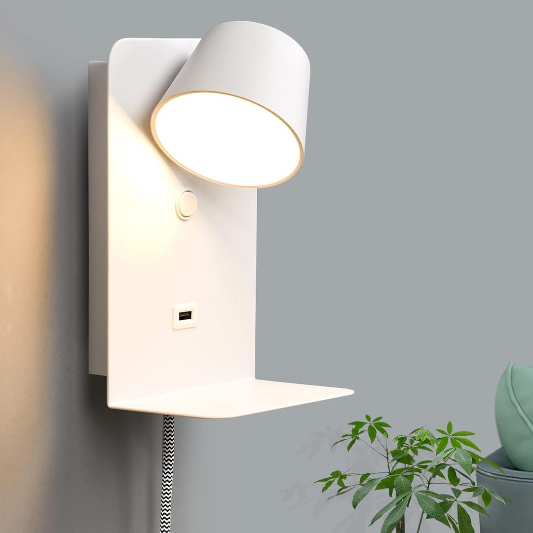 Rotatable LED Plug In Wall Sconce With Shelf For Bedroom Bedside, Swing Metal Reading Wall Lamp With USB Charging Port, 2700K Warm White NightlightModern Contemporary Wall Light Fixture , White