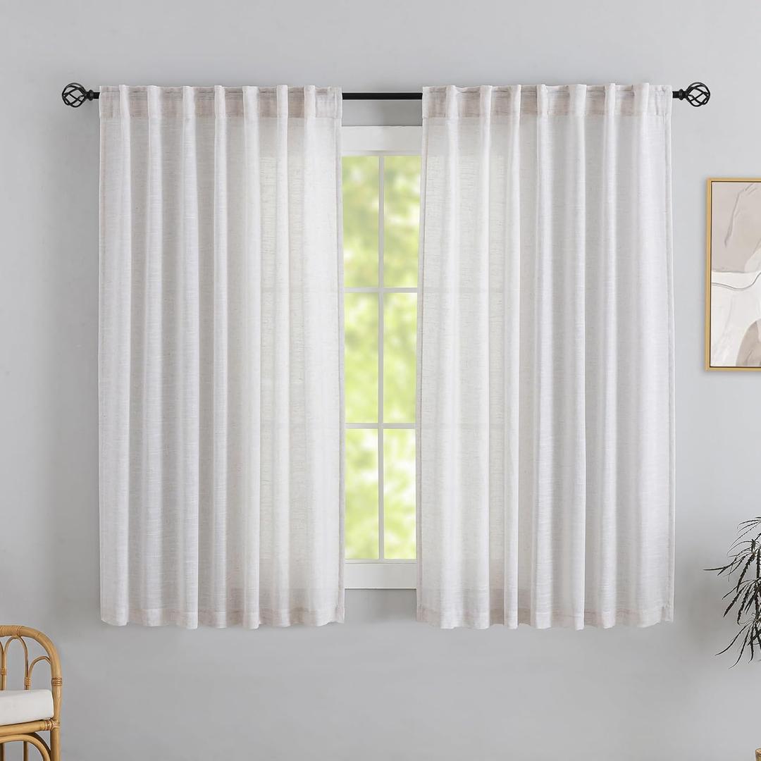 Off White Back Tab Curtains 72 Inches Long 2 Panels for Guest Room -Elegant Modern Country Semi Sheer Privacy Drapes Hooks Belt Light Filtering Playroom Curtains W52 x L72