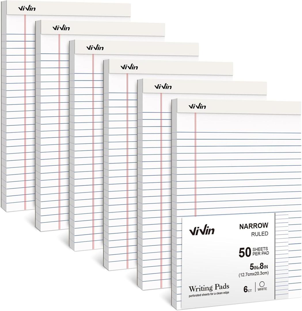 2 x ViVin 5 x 8 Inch Legal Pads, 6 Pack, Narrow Ruled, 50 Sheets Per Writing Pad, Perforated Note Pads Ideal for Home, Office, Business, 300 Sheets, White Paper