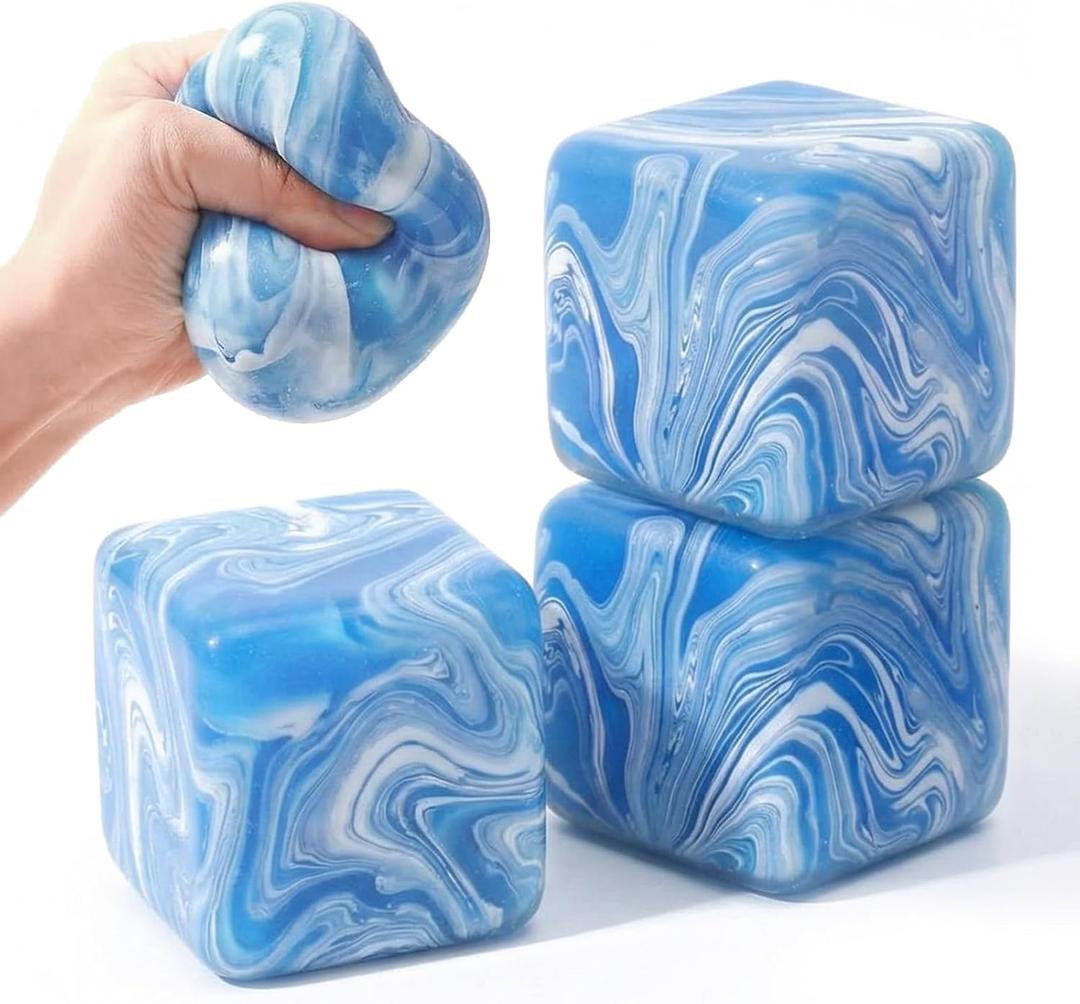 Shappy 4 Pack Stress Ice Cube, Slow Rising Stress Balls for Adults Kids, 2.1 Inch Sensory Toy for Anxiety Relief, Square Shape Balls for Classroom Prizes, Cube for Party Favors (Blue, Stylish)