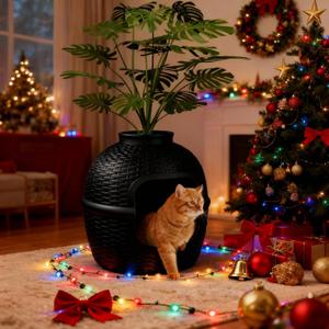 Hidden Litter Box with Faux Plant, Large Cat Litter Box with Rattan Pattern, Heavy Duty PP Material Litter Box Enclosure Furniture for Home Decor, Black