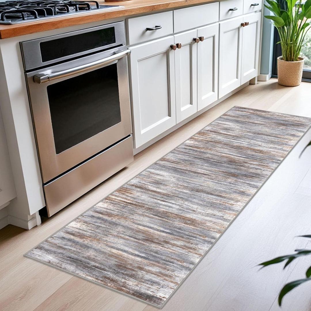 KOZYFLY Modern Abstract Washable Rug Runner 2.6x12 Hallway Rug Runner Non-Slip Soft Kitchen Runner Rugs, Black Navy Blue Grey Striped Carpet for Entryway Bathroom Laundry Room Foyer