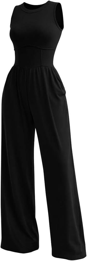 XXTAXN Women's Casual Sleeveless Round Neck Corest Waist Wide Leg Jumpsuit with Pockets - Comfy One-Piece Long Pants Black, Small