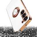 for Samsung Galaxy S23 Case with 1 Screen Protector, Built-in 360 Rotation Ring Holder Magnetic Stand, Luxury Shiny Plating Edge Shockproof Electroplated Protective Phone Cover (White/Golden)
