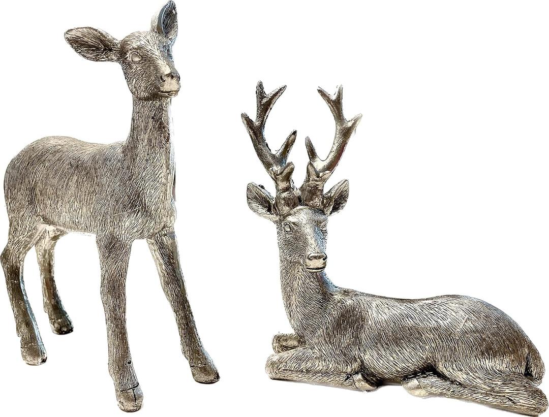 Reindeer Christmas Decor  Standing and Lying Silver Deer Figurines, 17" & 14" Tabletop Statues, Set of 2 Polyresin Ornaments for Winter Home Decoration