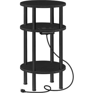 Small Round Side Table with Charging Station, 3-Tier Round End Table for Small Spaces, Nightstand for Living Room, Bedroom, Black TBZ06UBB