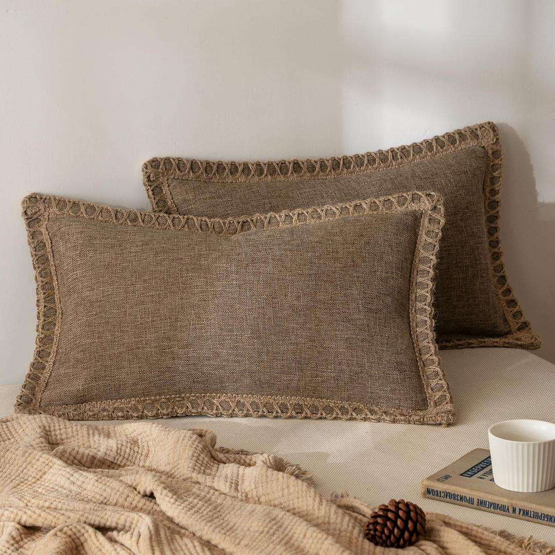 MIULEE Pack of 2 Decorative Throw Pillow Covers Modern Farmhouse Outdoor Pillow Covers Neutral Linen Burlap Pillowcases Cushions for Couch Bed Living Room Sofa, Coffee 12 x 20 inches 30 x 50 cm
