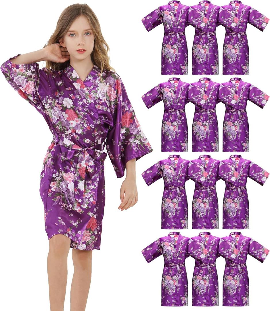 12 Piece Kids Silky Satin Robes Girls Spa Robes for Girls Party Floral Kimono for Wedding Birthday Slumber Spa Party (10, Purple)