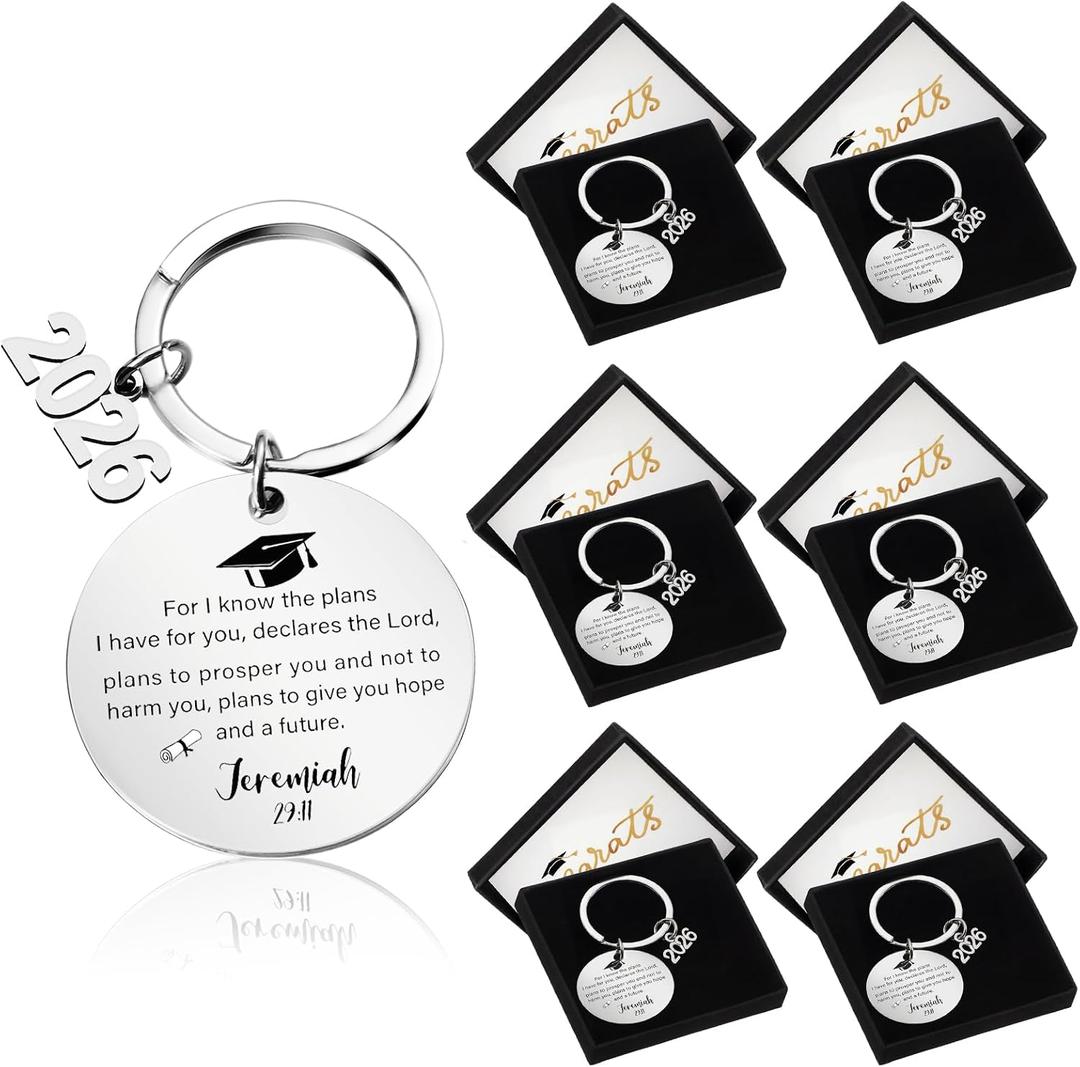 Huquary 6 Pack 2026 Graduation Keychain Gift Class of 2026 Bible Verse Key Chain with Box Religious Keychain for College Senior Night