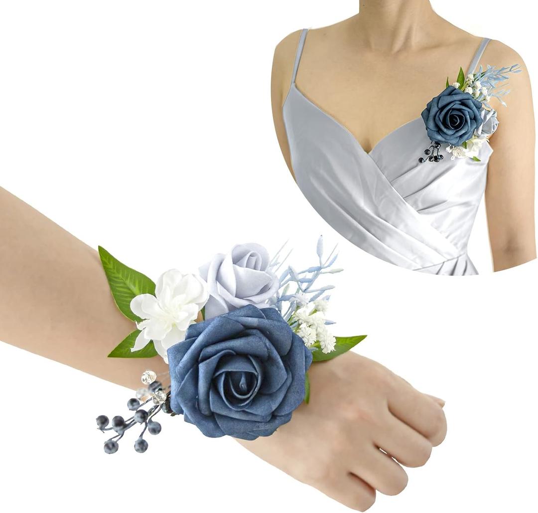2 x Lookein Set of 2 Bridesmaid Corsage for Wedding Flowers Shoulder Corsages Bridesmaid Gift Corsage Wristlet for Prom for Wedding Ceremony, Dusty Blue
