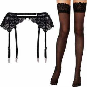 Lidogirl Women's Lace Nights Garter Belt with Stockings Sheers (Black 002)