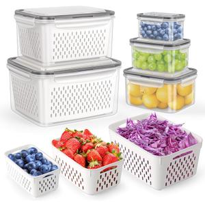 HOTEC 5-Pack Large Fruit Storage Container for Fridge Leak-Proof with Removable Colander, BPA Free Dishwasher & Microwave Safe, Largest 4.15L