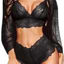 RSLOVE Women Sexy Lingerie Set 3 Piece Lace Kimono Robe with Bra and Panty Sheer Sleepwear size XL