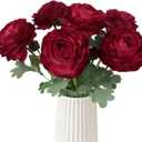 Dark Red Ranunculus Artificial Flowers 6PCS Real Touch Ranunculus Flowers Fake Peonies Artificial Flowers for DIY Wedding Bouquet Party Table Home Decor(Dark Red)