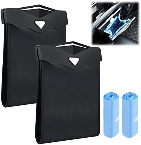 Fuutreo 2 Pcs Smart LED Car Trash Cans Waterproof Garbage Bags with 30pcs Disposable Trash Bags Hanging Leather Magnet Car Storage Pocket Vehicle Rubbish Bin Garbage Cans(9.5 x 7.1'',Black)
