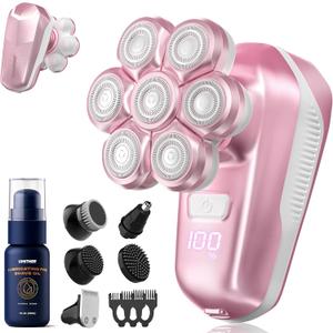 Electric Shaver for Women, Electric Razor with 7D Magnetic Shaver Heads, Wet Dry Waterproof Bald Head Trimmer Kit for Women & Men, Nose Ear Hair Trimmer, USB Rechargeable Clippers, Pink