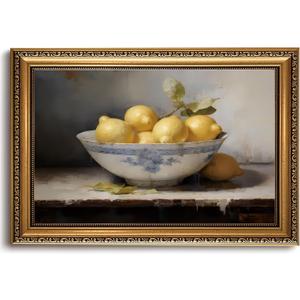 LHHJDIO Vintage Gold Framed Wall Art Farmhouse Lemons Canvas Wall Art Antique Still Life Fruit Picture Wall Decor Rustic Kitchen Art Prints for Dining Room 16"x24"