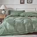 JELLYMONI Cotton Duvet Cover Queen Size - Green Striped Comforter Cover with Button 100% Washed Cotton 3PCS Breathable Soft Solid Bedding Set Duvet Cover 9090in & 2 Pillowcases (NO Comforter)