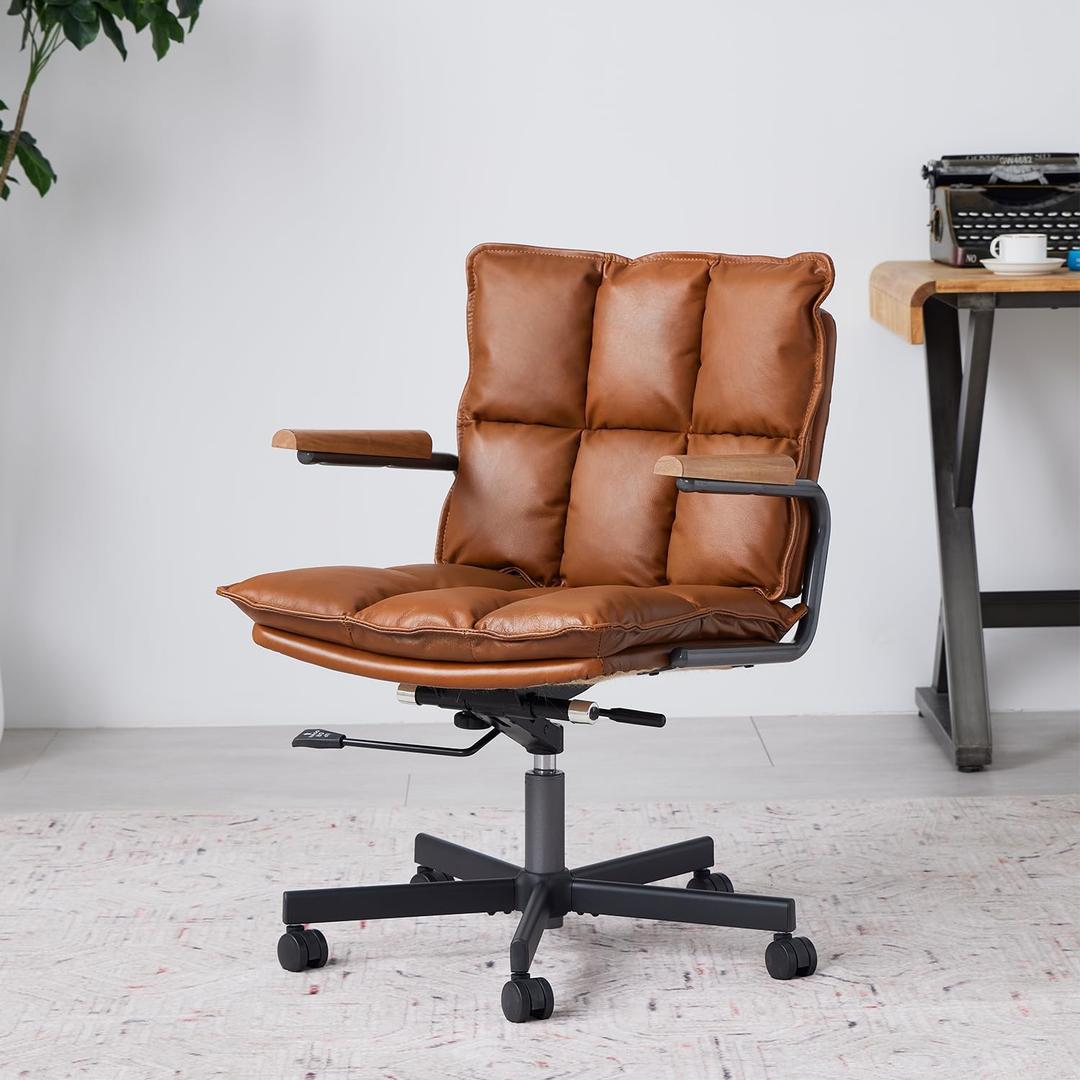 Home Office Desk Chair, Leather Ergonomic Computer Chair with Wheels and Oak Arms, Adjustable Height Rolling Swivel Executive Chair, Rust Brown