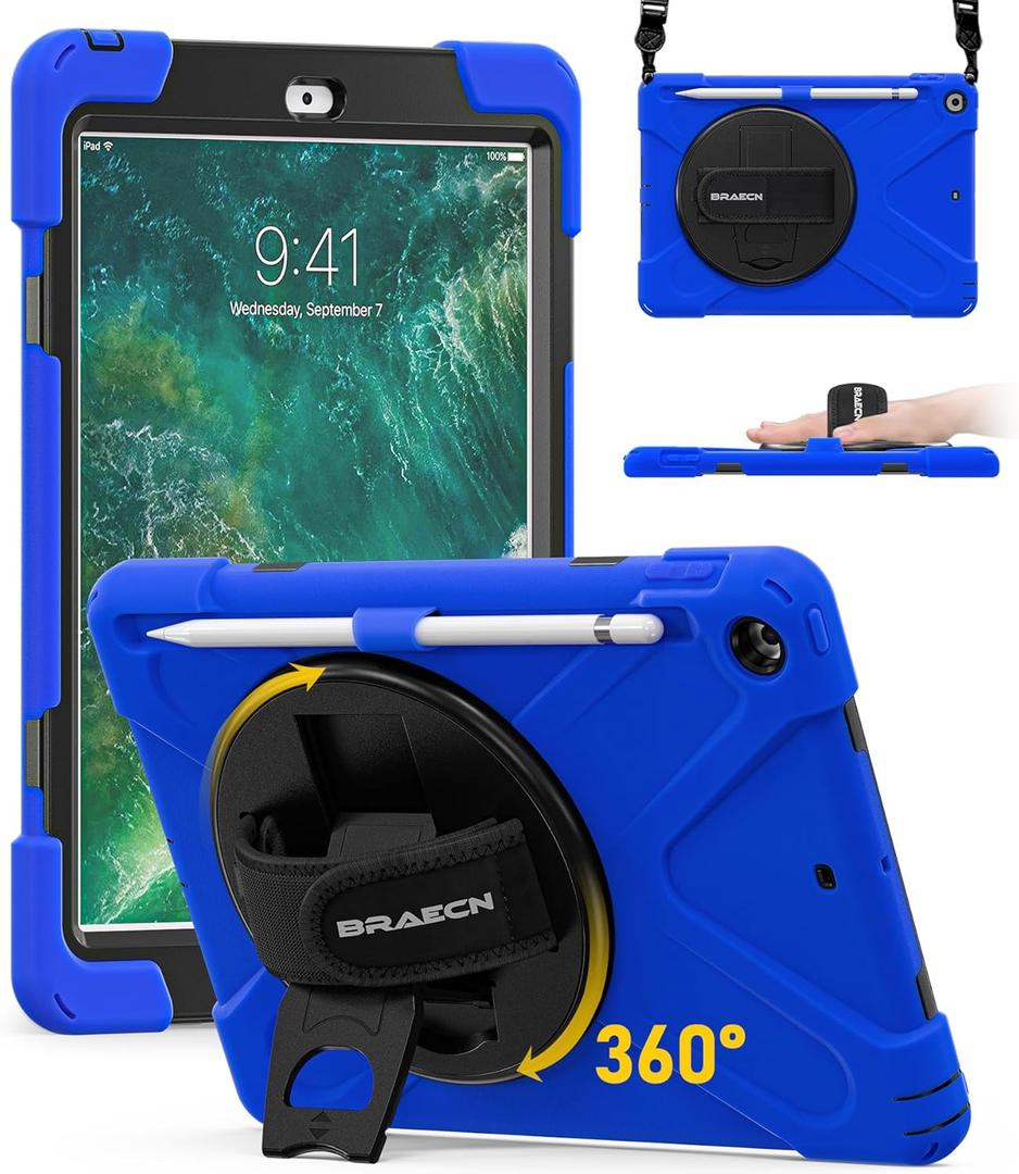 BRAECN for iPad 6th Generation Case 9.7 inch with Pencil Holder, Shockproof Dropproof Protective Rugged Case with Built-in Hand Strap, Kickstand and Detachable Shoulder Strap for iPad 5th Gen-Blue