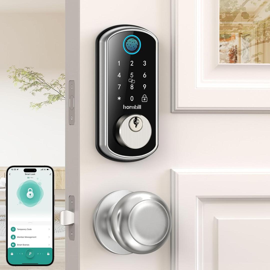 WiFi Smart Door LockHornbill keyless Entry Door Lock with Handle,Fingerprint Smart Lock with 2 Knobs, Alexa Bluetooth Remote APP Control,Auto Locking for Home Hotel,Satin Nickel