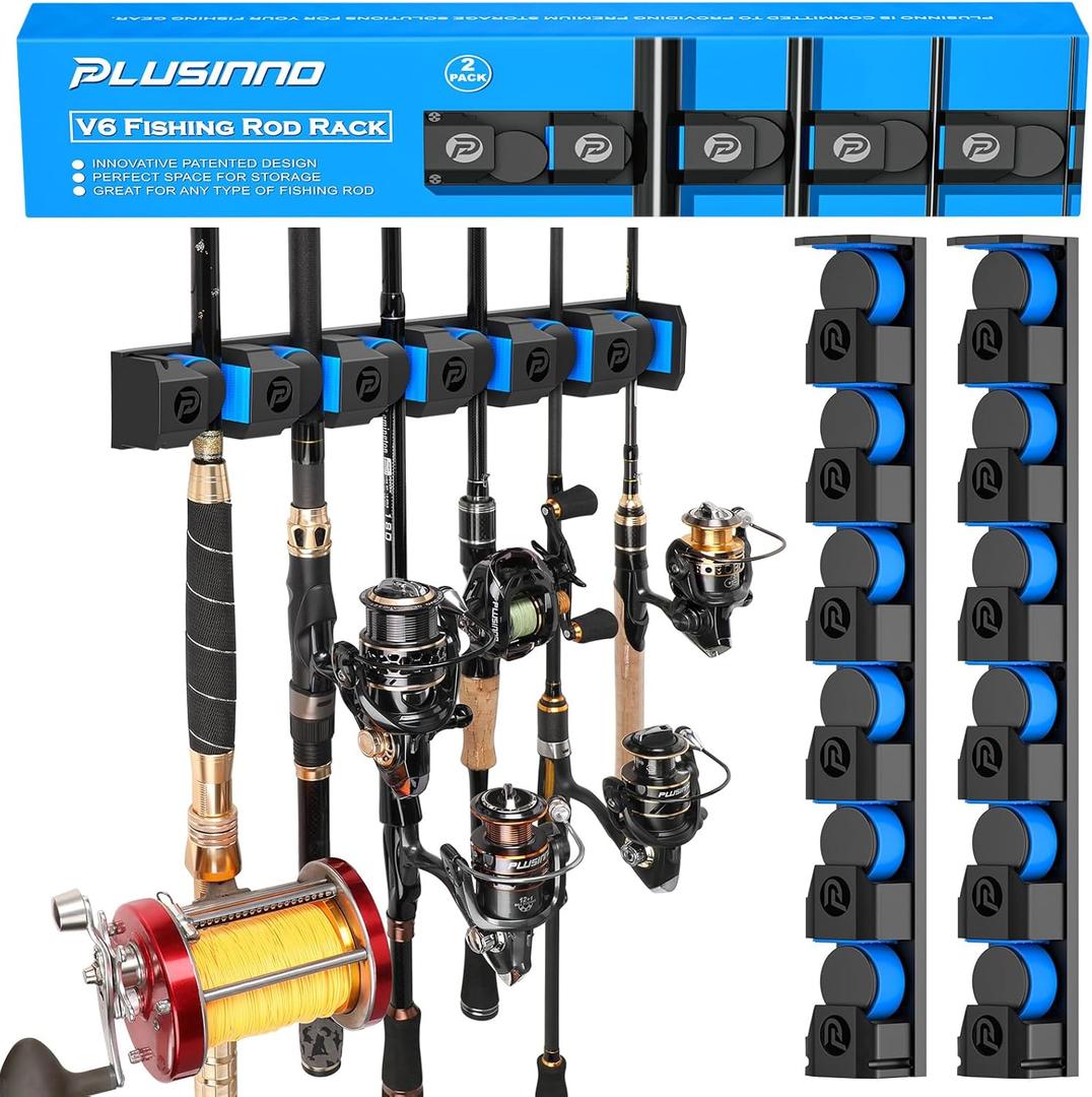 PLUSINNO Fishing Gifts for Men - V6 Vertical Fishing Rod/Pole Holders, Support Extra Large & Heavy Fishing Rod Combos, Fishing Rod Holders for Garage, Wall Mounted Fishing Rod Rack Storage, 2 pack