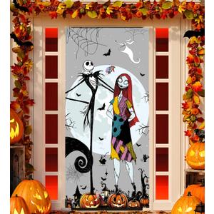 2 x Jack Skellington Sally Banner Nightmare Before Christmas Halloween Decorations Door Cover Xmas Porch Door Sign Welcome Banner for Indoor Outdoor Wall Home