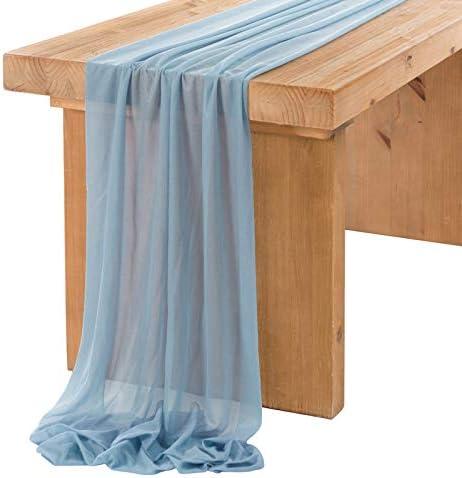 Ling's Moment 14Ft Dusty Blue Sheer Chiffon Like Table Runner for Wedding Rustic Boho Wedding Party Bridal Shower Decorations Birthday Party