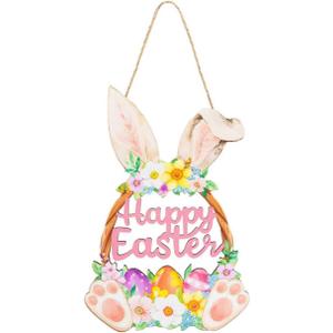 Wooden Easter Decoration Door Wreath, Hollow Bunny Sign Flower Egg Welcome Hanging for Front Door Sign Wall Signs Rabbit Spring Decoration