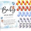 Hoteam 21 Pcs Baby Shower Games Include Baby Sock Hunt Sign and 20 Pair Small Cotton Socks Wooden Table Sign with Holder for Gender Reveal Party Favors(Simple Style, Bear)
