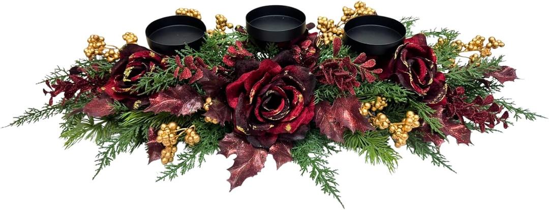 Christmas Candle Holder Xmas Decorations 3 Candle Holders with Burgundy Roses Golden Berries Pine Needles Long Floral Candelabra for Dining Table Mantle and Fireplace Decor