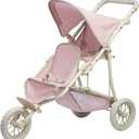 Olivia's Little World Double Jogging-Style Doll Stroller for Baby Dolls with Tandem Seating, Retractable Canopy, Storage Basket, All-Terrain Wheels, Cream, Pink and Gray Polka Dots