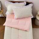 Meeting Story 3pcs Zipper Bedding Twin Kids Pink Bow Checked Plaid Comforter Set for Girls(Pinkgreen,Twin)