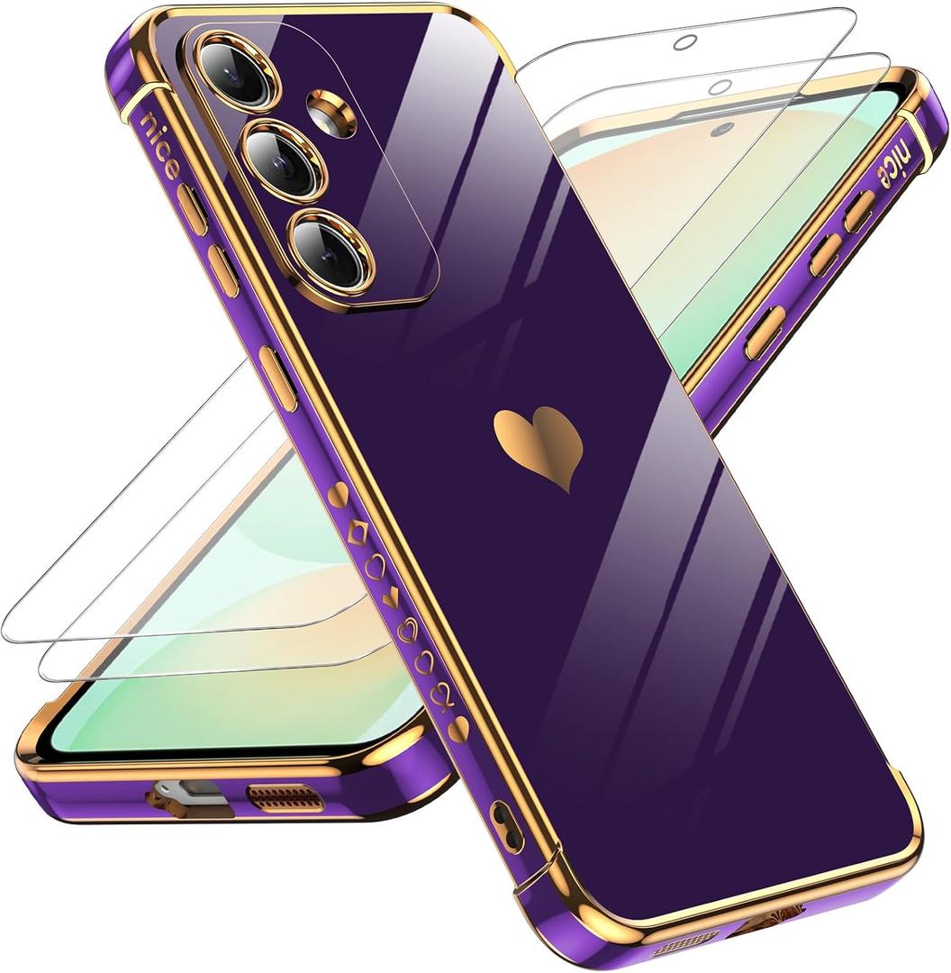 LeYi for Samsung Galaxy S25-FE Case: [ ] Screen Protector [2 Pcs] + Full Camera Lens Protection,Love Heart Plating Luxury Cell Android Basic Funda Para S25FE S 25 FE, D-Purple