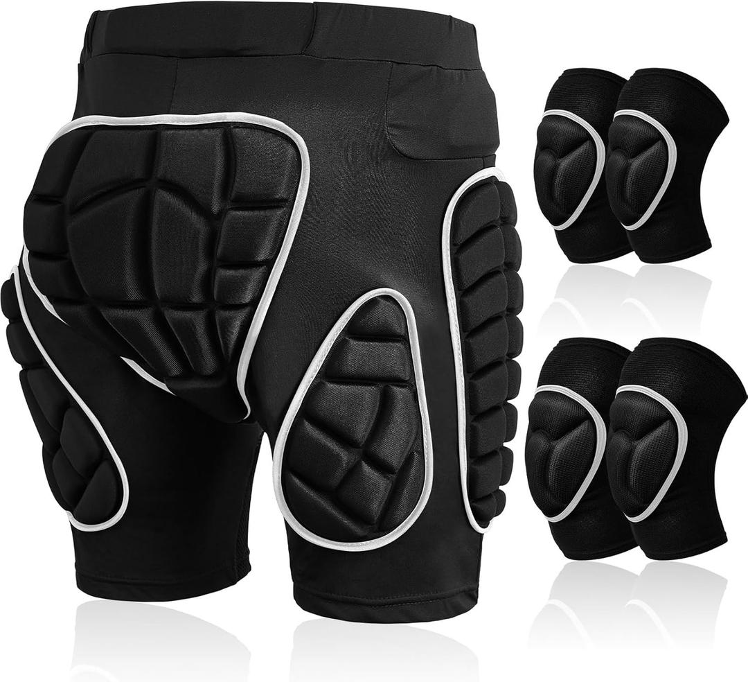 Lewtemi 3 Set Protective 3D Padded Hip EVA Short Pants Knee Pads Elbow Set Winter Protection Hip Pads Thick Non Slip Knee Sleeve Elbow Guard for Men Women Kid Ski Ice Skating (Medium, Black)