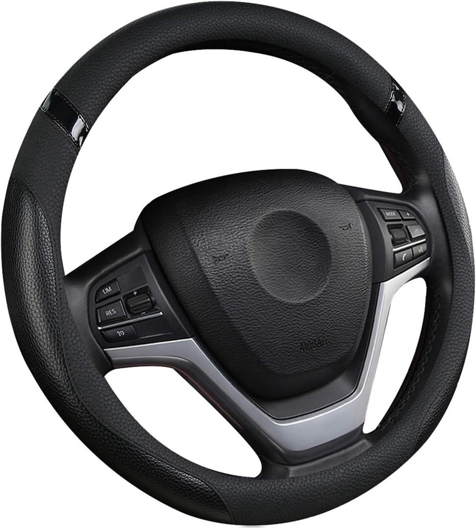 Cxtiy Car Steering Wheel Cover for Men Women Universal Leather Steering Covers for Car SUV (Full-Black)